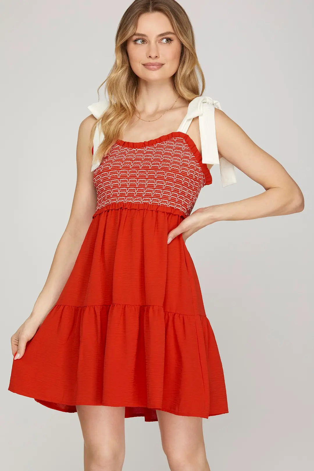 Game Day Shoulder Tie Smocked Tiered Mini Dress