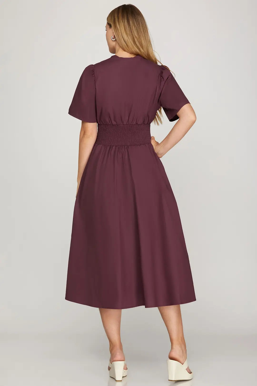 Plum Maxi Dress With Smocked Waist And Front Zip