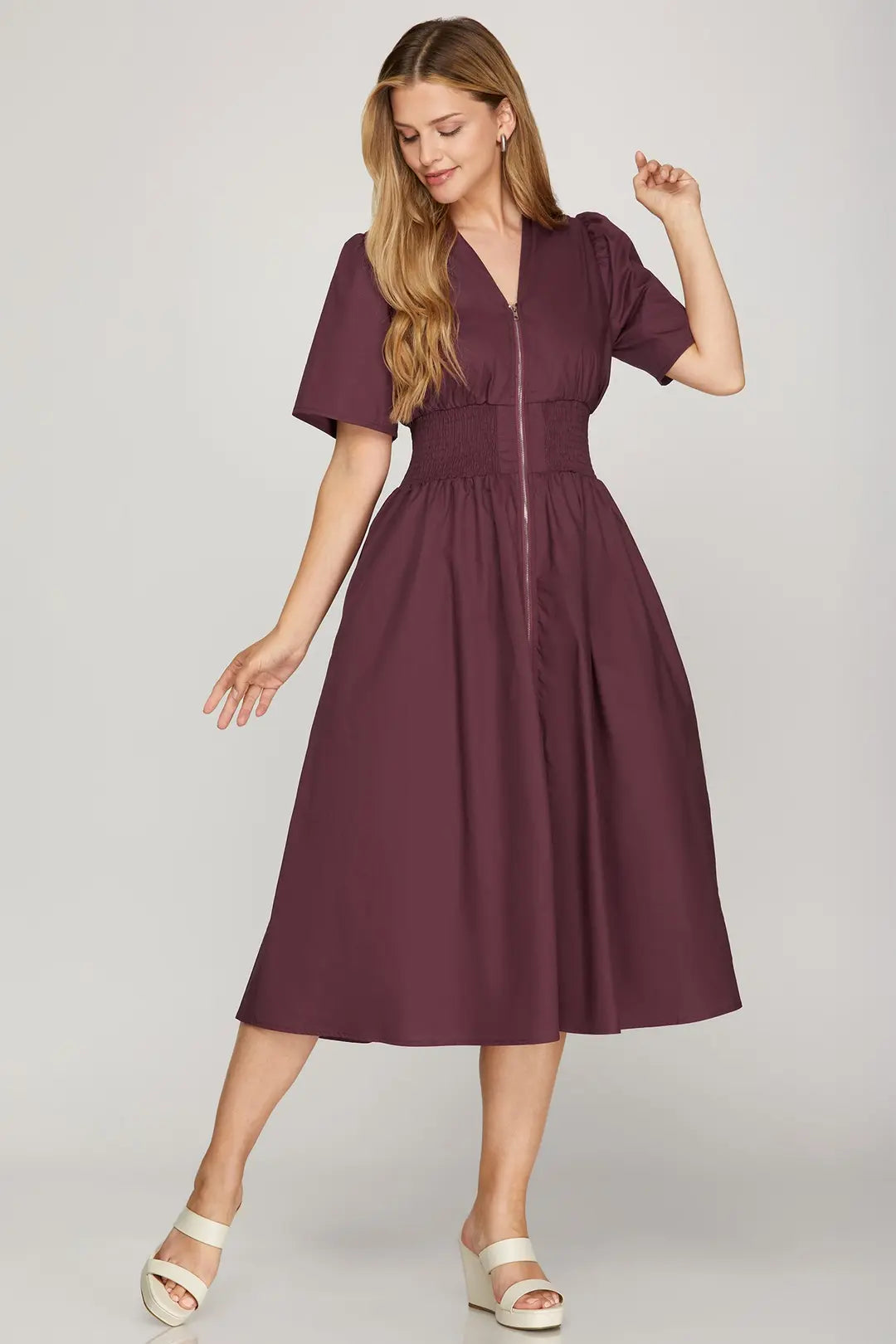 Plum Maxi Dress With Smocked Waist And Front Zip