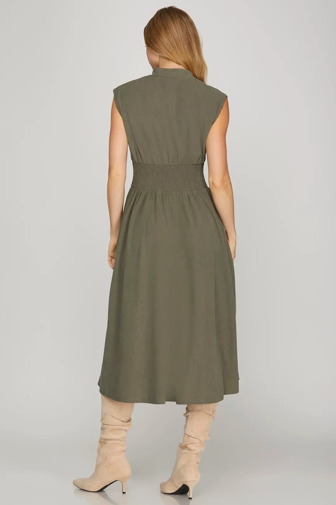 Smocked Waist Corduroy Zip Dress - Brown Smocked Waist Corduroy Zip Dress - Brown