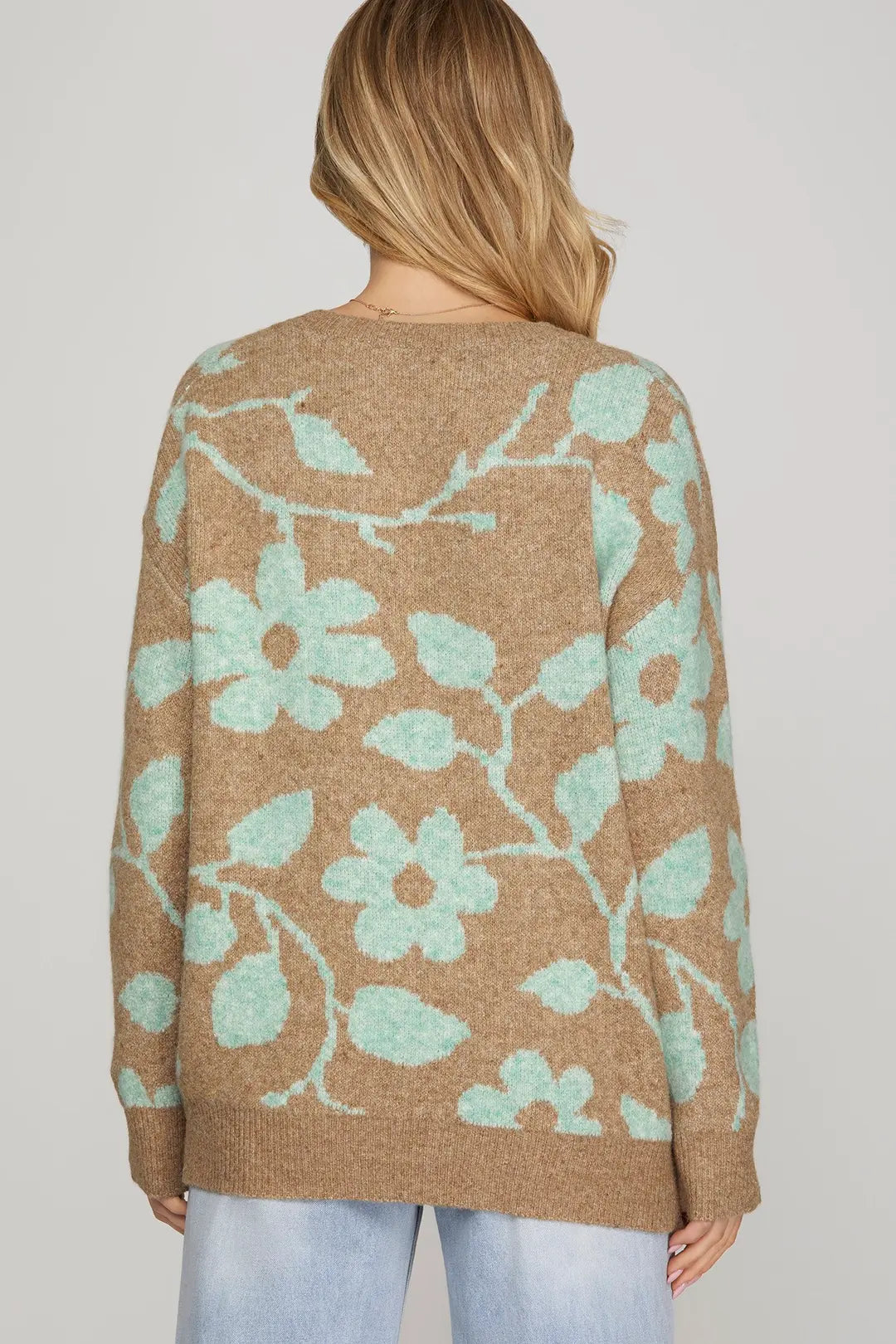 Taupe & Mint Floral V-Neck Sweater