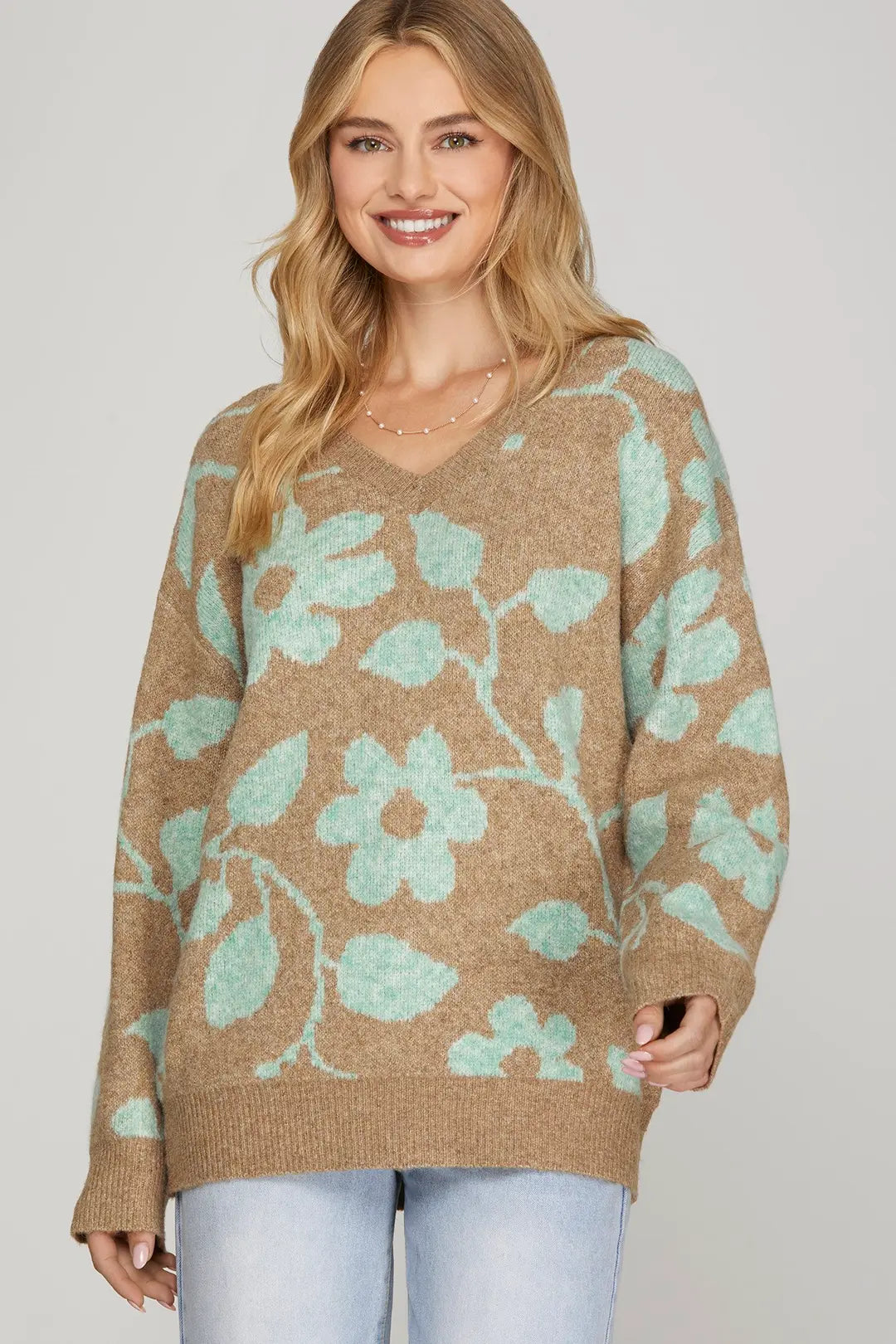 Taupe & Mint Floral V-Neck Sweater