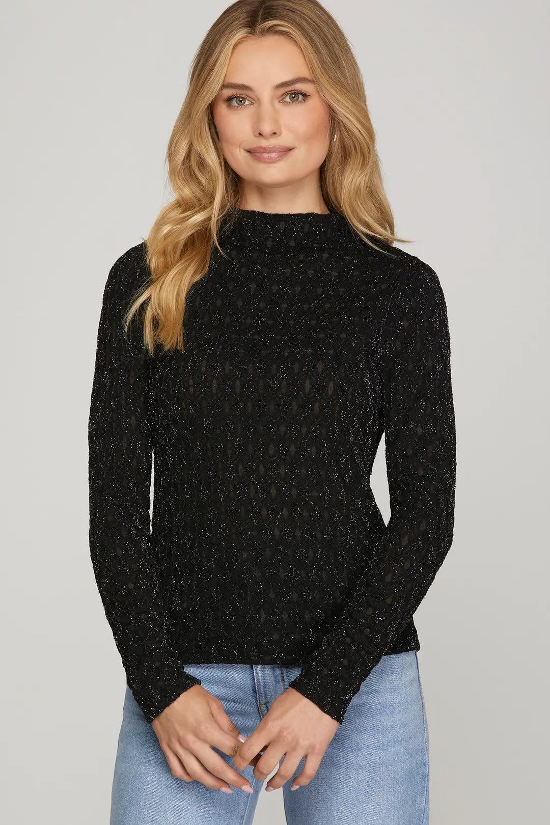 Long Sleeve Mock Neck Shine Knit Top