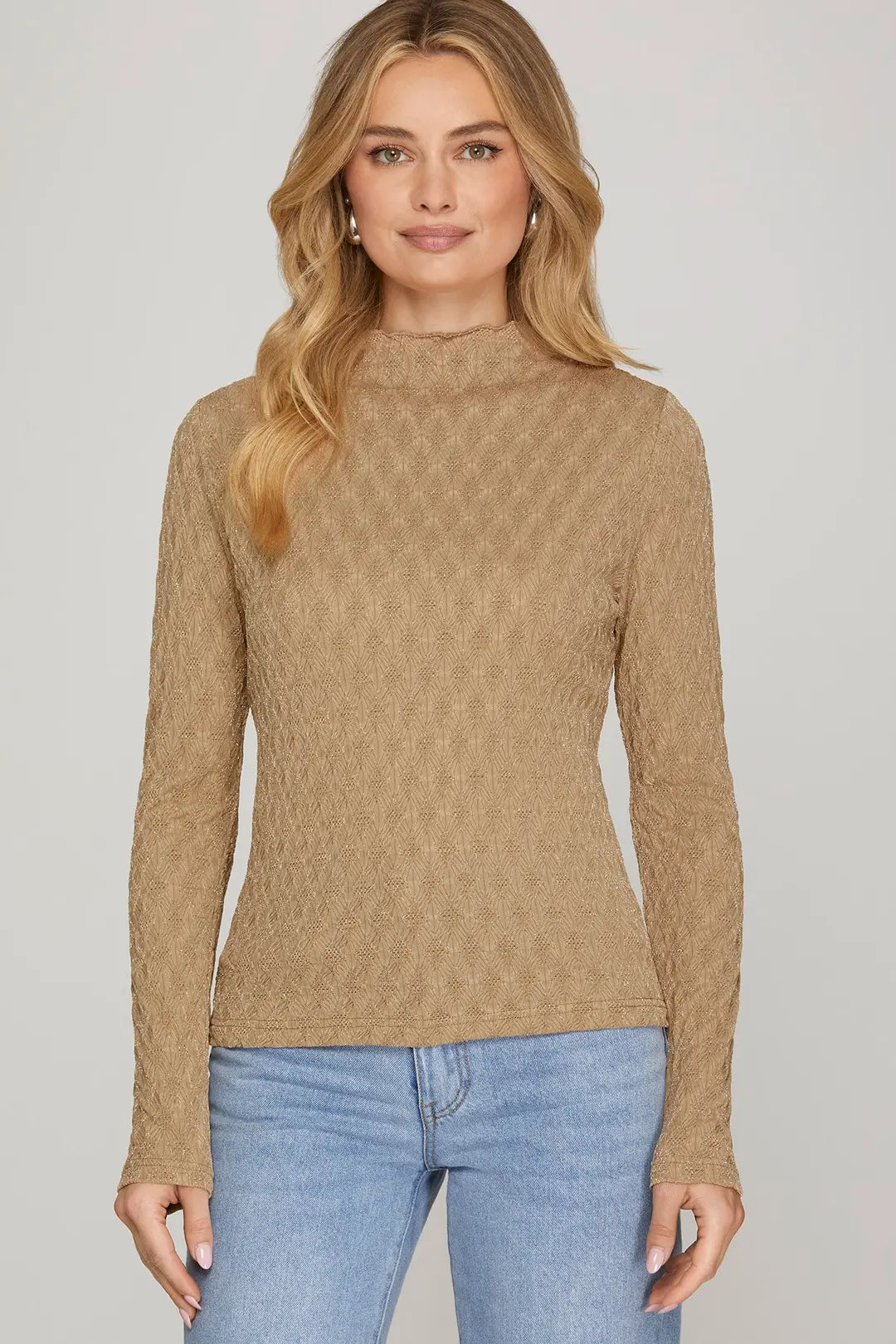 Long Sleeve Mock Neck Shine Knit Top