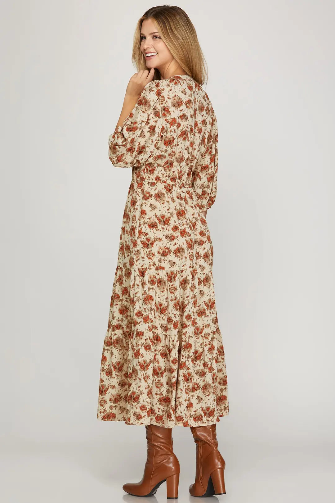 Cream & Rust Floral Printed Maxi Dress