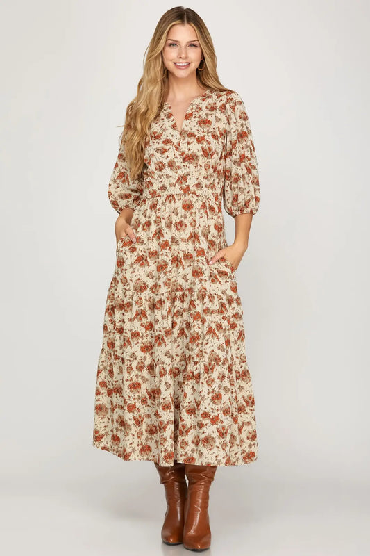 Cream & Rust Floral Printed Maxi Dress