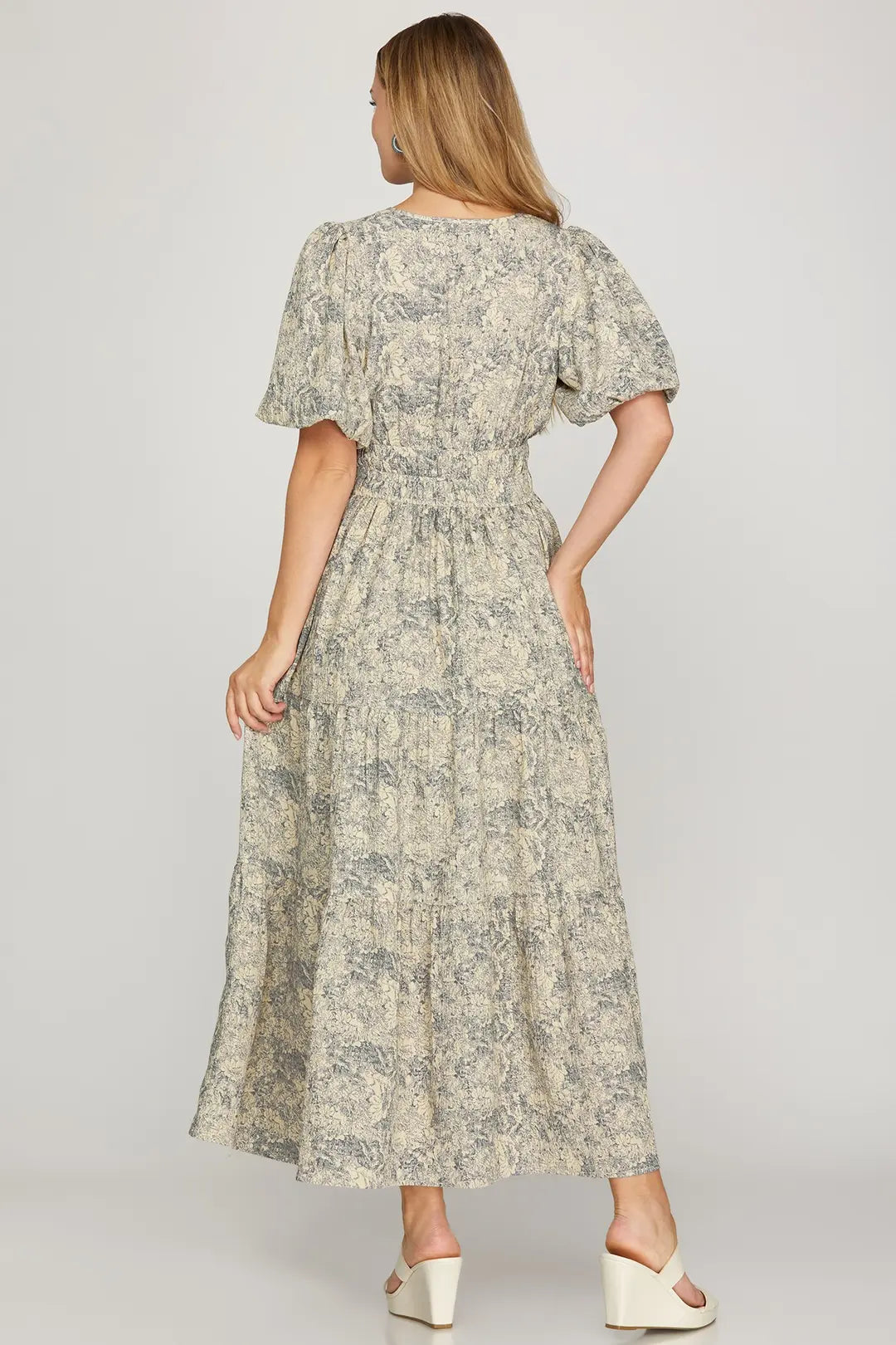 Cream & Navy Floral Print Maxi Dress