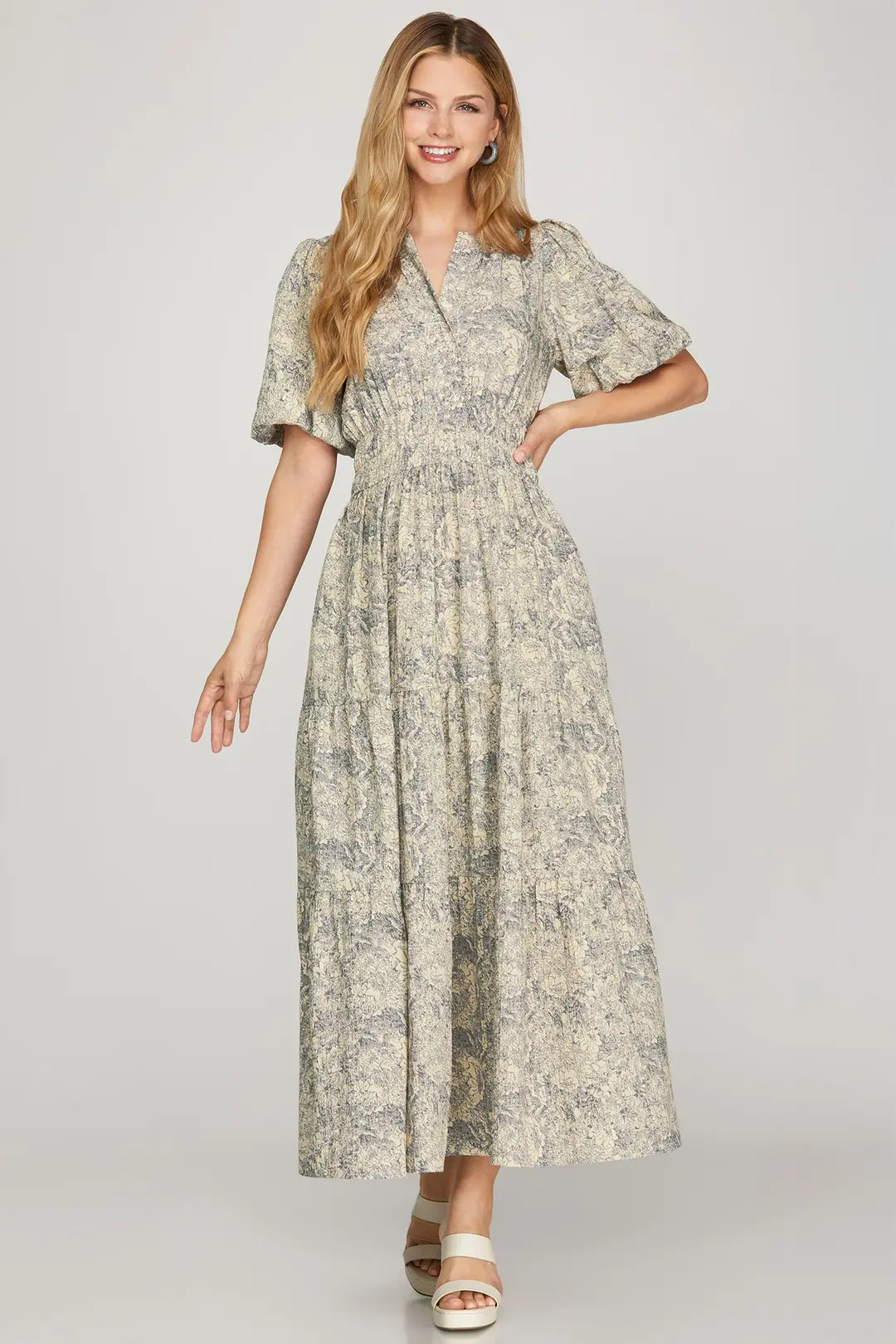 Cream & Navy Floral Print Maxi Dress