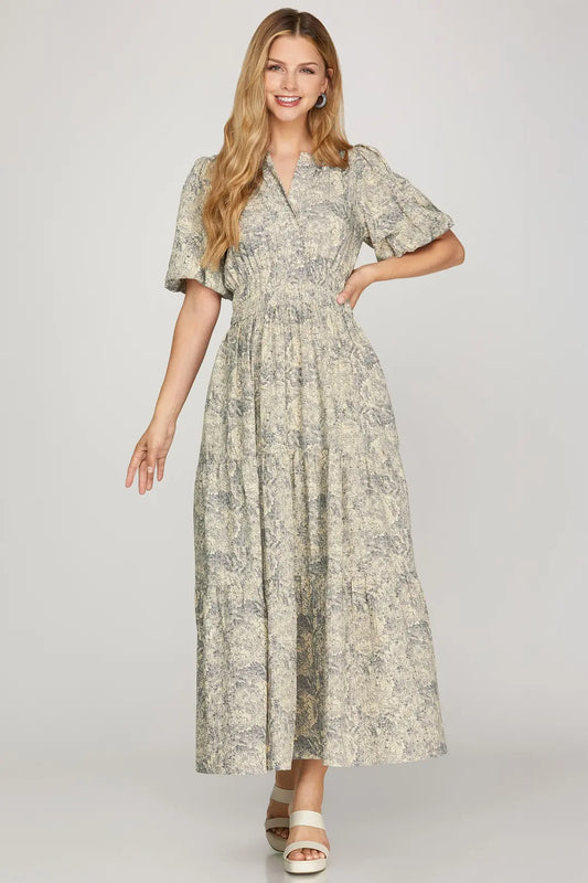 Cream & Navy Floral Print Maxi Dress
