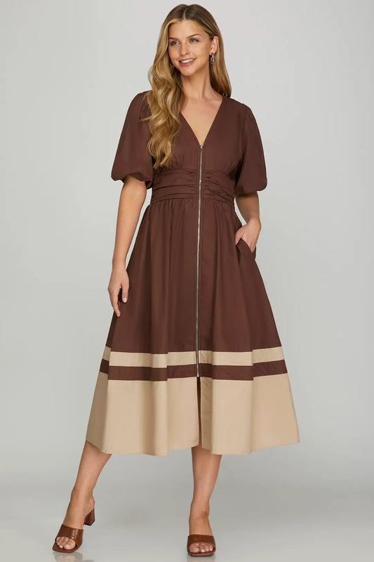 Brown Maxi Dress With Front Zip