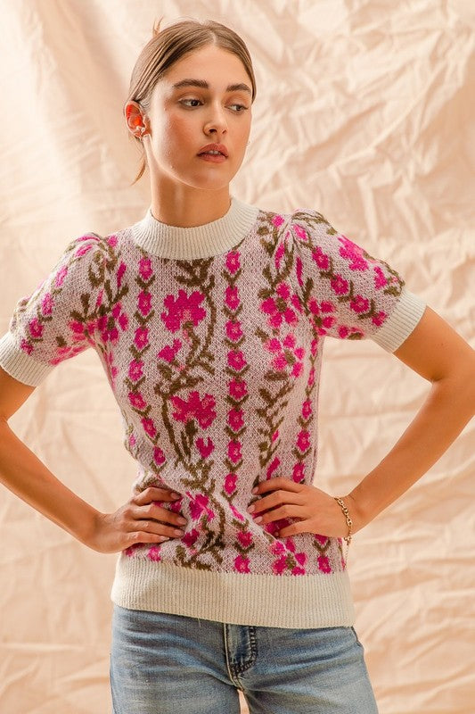 Floral Intarsia Knit Puffed Short Sleeve Sweater