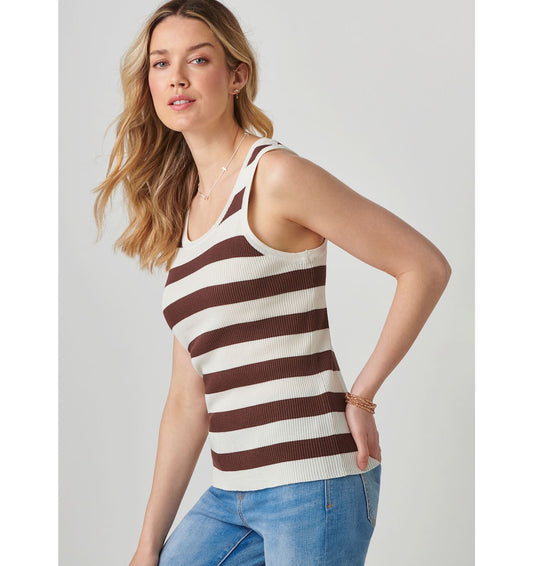 Brown & Off White Striped Knit Ribbed Tank Top