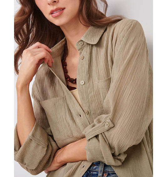 Olive Crinkled Button Down Shirt