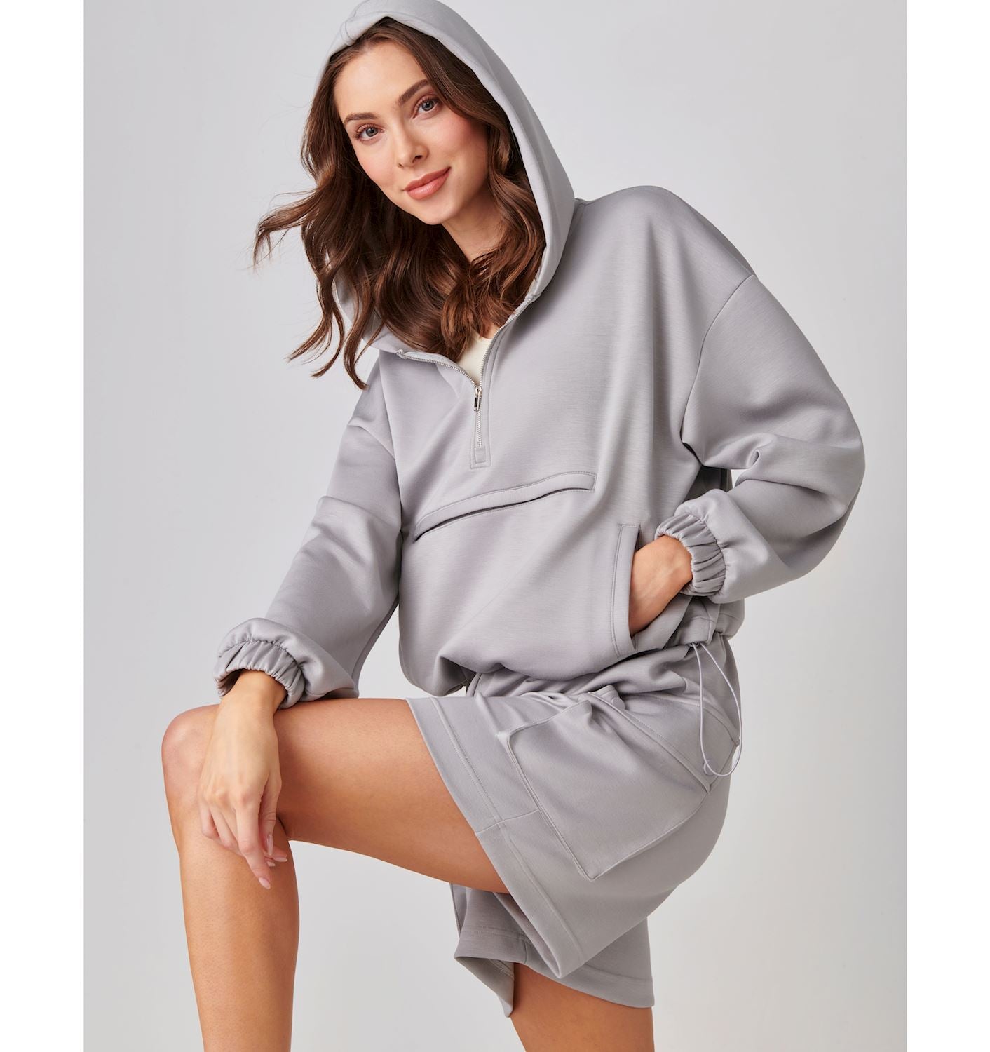 Charlie Paige Zip Neck Hoodie Pullover, Light Grey Melange