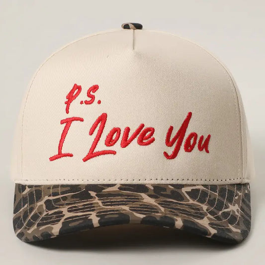 P.S. I Love You Valentine Embroidery Leopard/Cream Trucker Hat