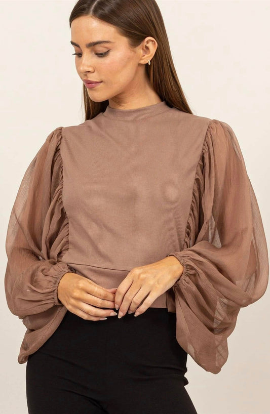 Sheer Sleeve Top With Back Button