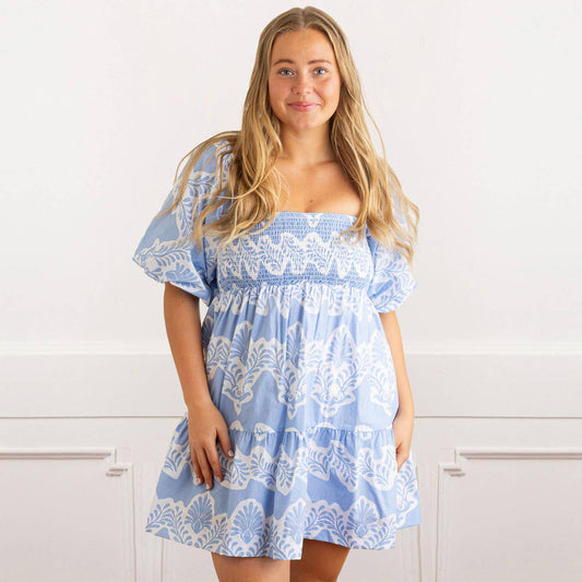 Modern Blue Puff Sleeve Smocked Dress