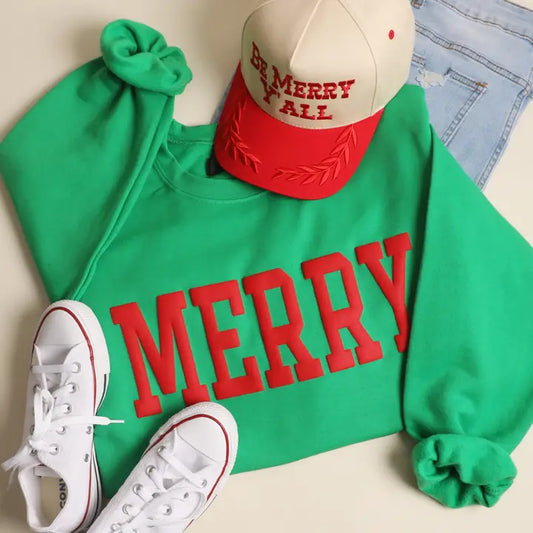 Merry Puff Raised Letter Sweatshirt- Irish Green