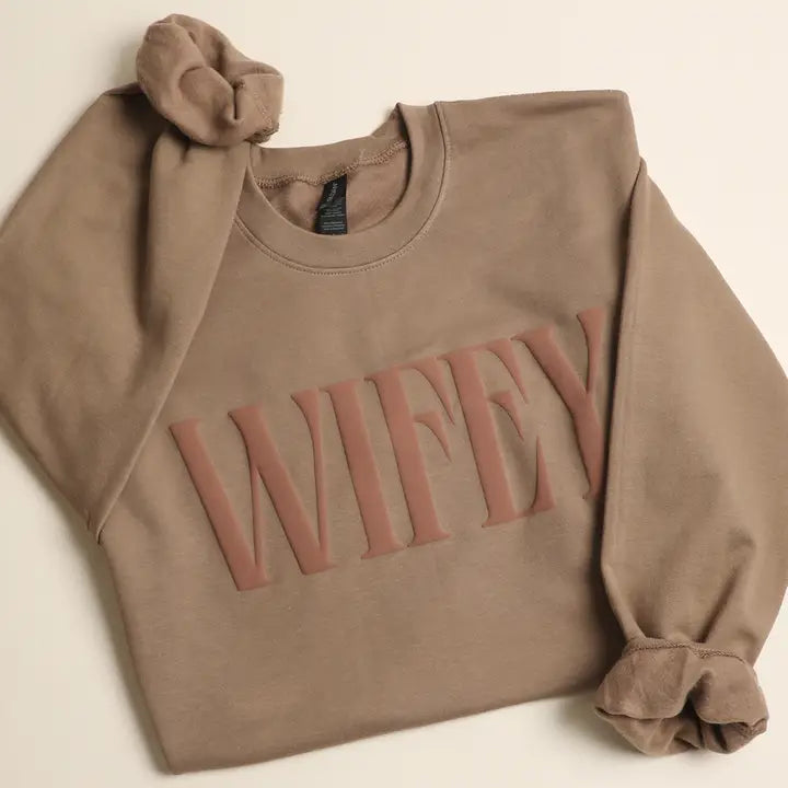 Wifey Graphic Puff Crewneck Sweatshirt- Brown Savana