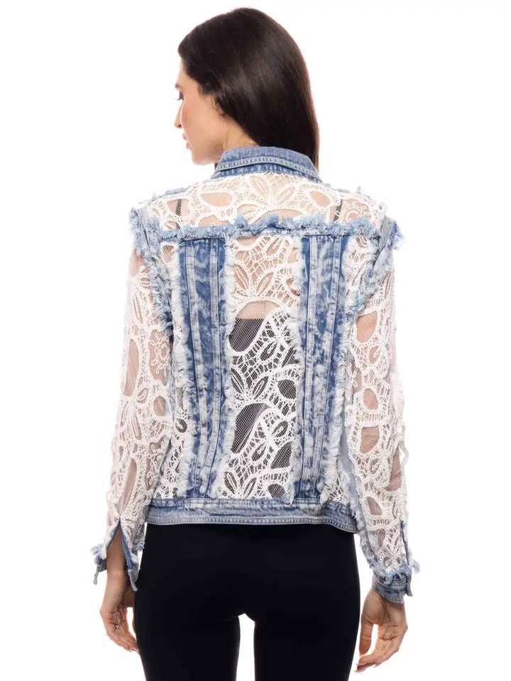 Lace Insert Distressed Denim Jacket
