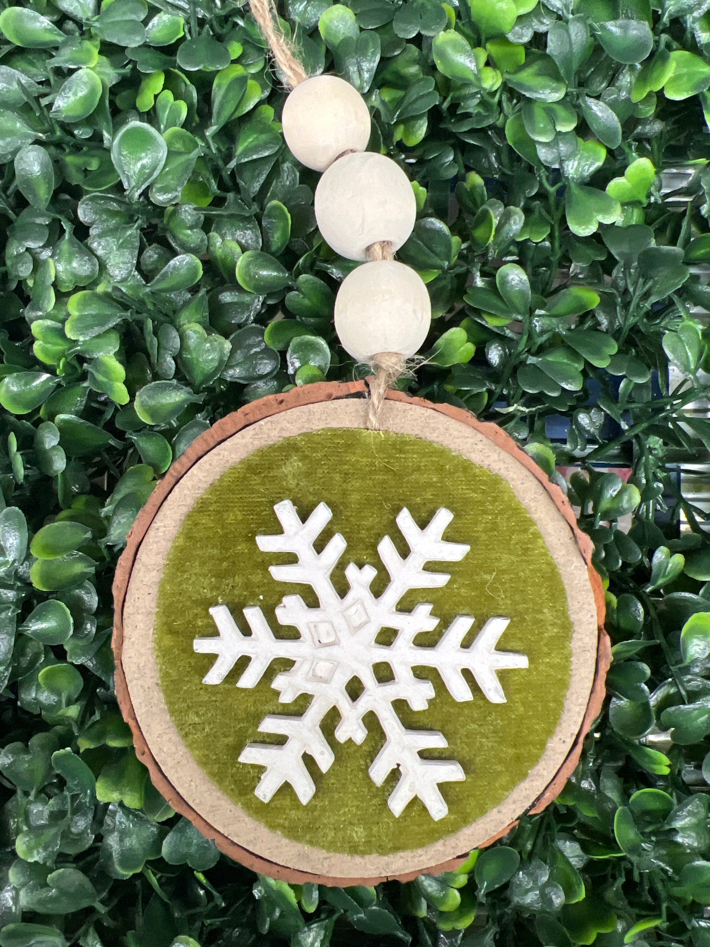Faux Wood Disk With Velvet and Snowflake Accent