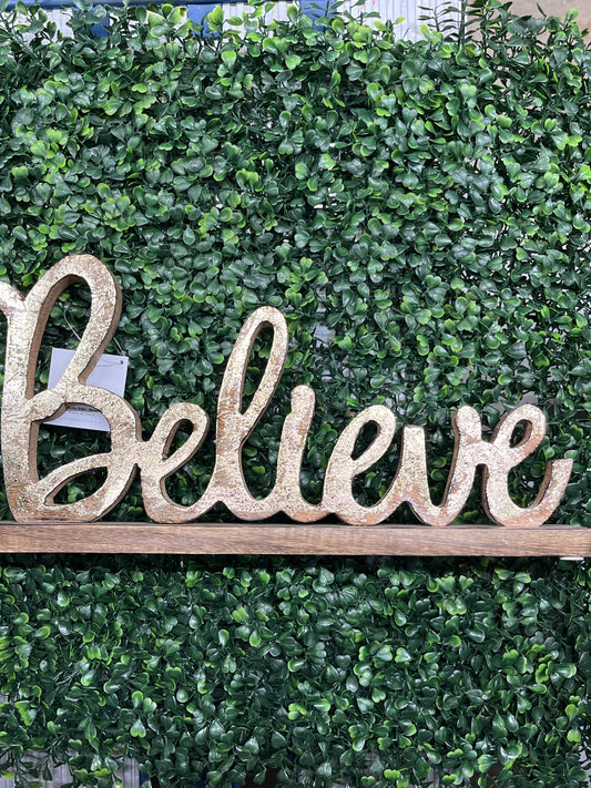 Believe Gold Finish Chunky Wood Sitter