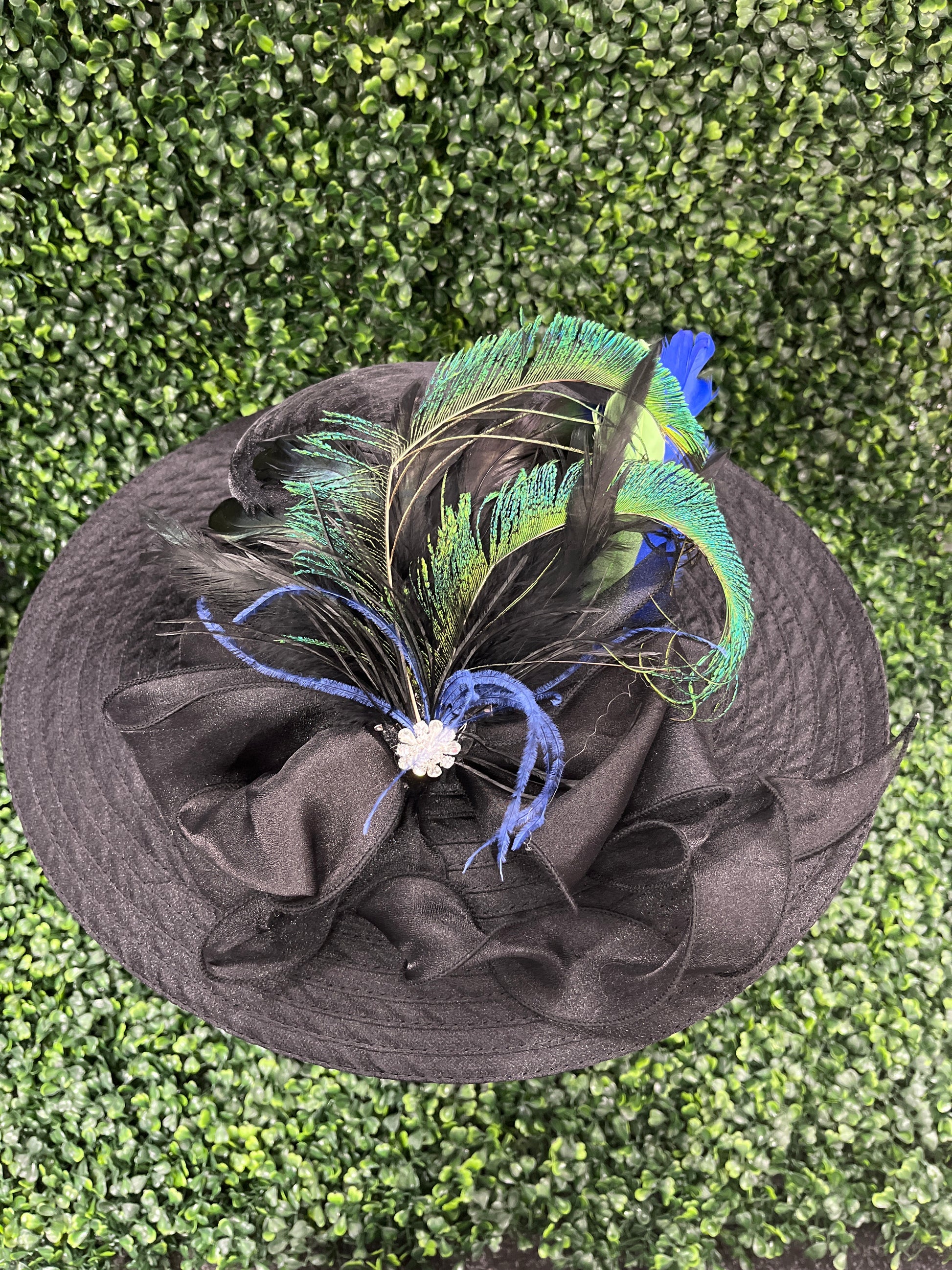 Black Derby Hat With Peacock Feather Details