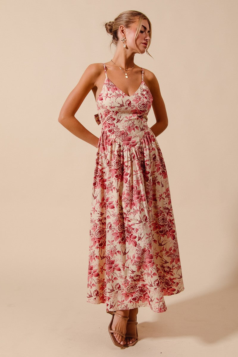 Floral Woven V Neck Fully Lined Dress With Back Bow