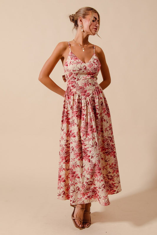 Floral Woven V Neck Fully Lined Dress With Back Bow
