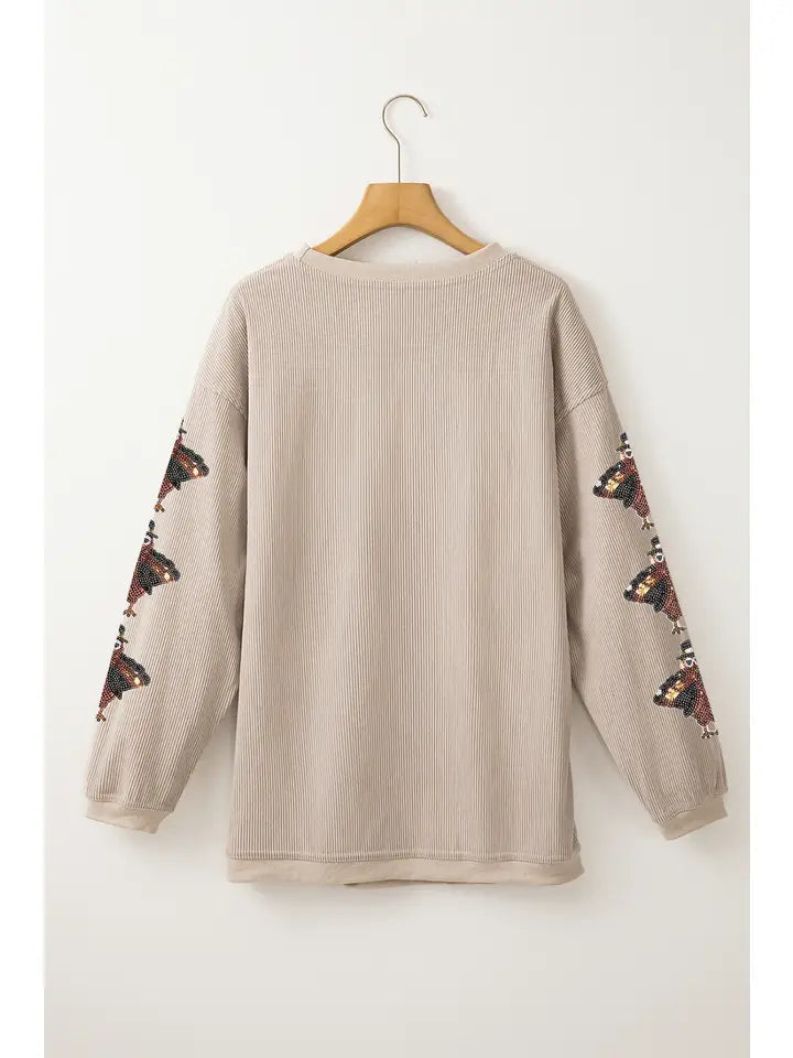 LA Society Fall Turkey Gobble Sequin Patched Sweatshirt