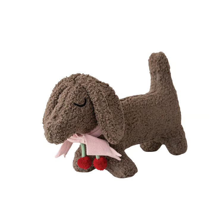 Faux Sherpa Dog Shaped Pillow With Pink Bow & Cherries