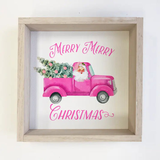 Pink Christmas Vintage Truck Wood Sign with Whitewash Frame