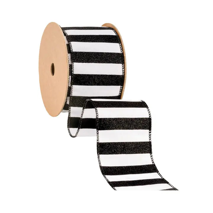 Black Glittered Stripes On White Wired Ribbon