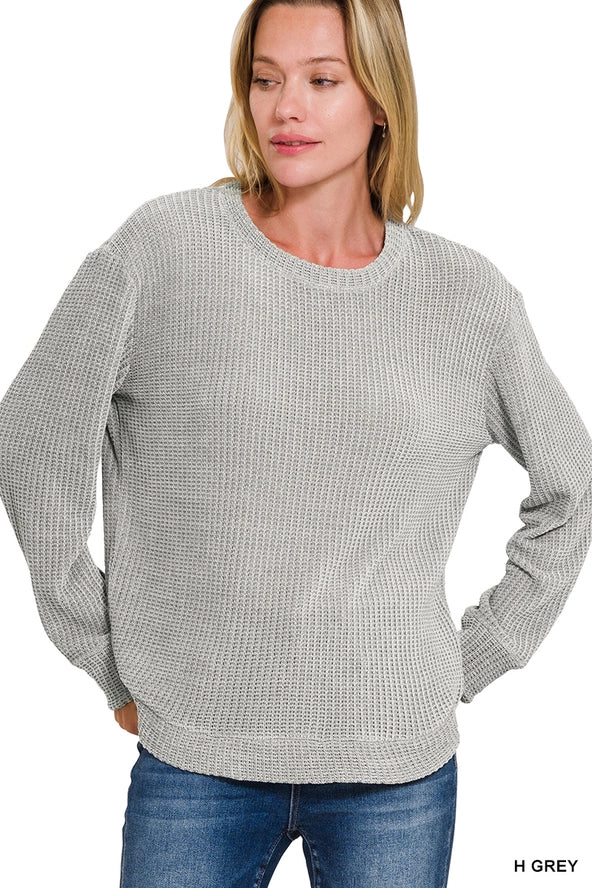Chenille Waffle Round Neck Sweater Zenana