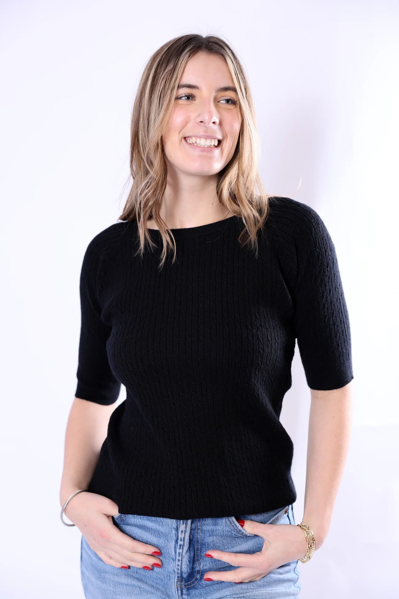 Kit Cale Top Classic Half Sleeve Ribbed Knit Sweater