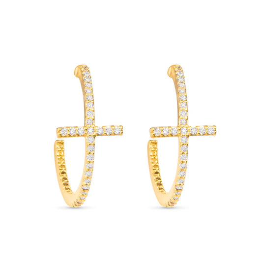 Gold CZ Cross Hoop Earring