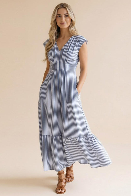 Pleated Back Smocked Waist Stripe Woven Maxi Dress