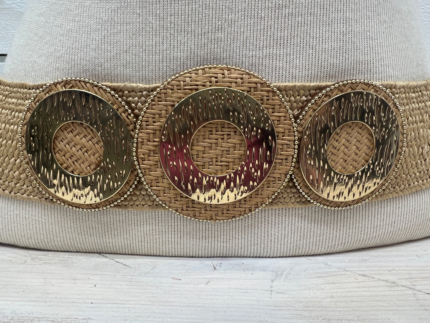 Woven Raffia Belt With Gold Accents