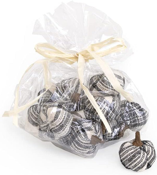 Mini Black And White Plaid Pumpkins- Bag Of 12