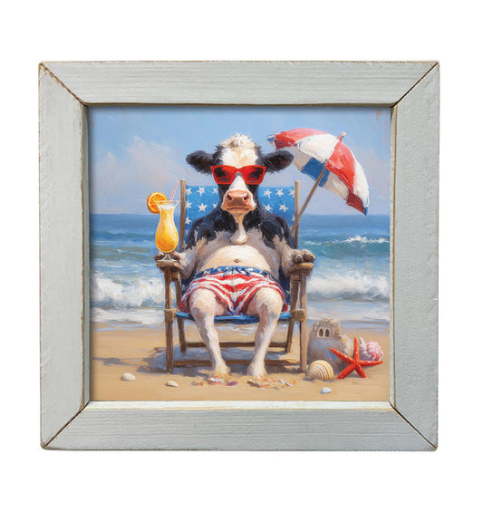 Stars & Stripes Beach Cow On White Wash Frame- 12x12