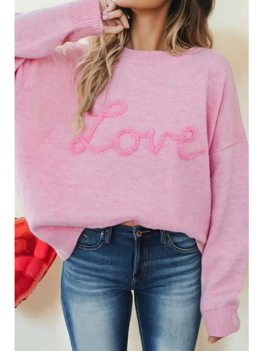 Pink Corded Love Script Baggy Sweater