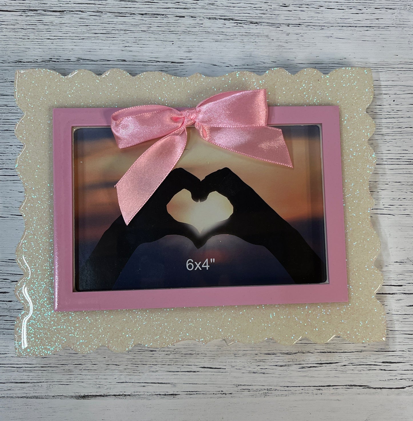 White Wood Glittery Frame With Bow