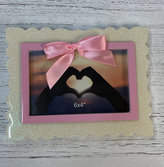 White Wood Glittery Frame With Bow