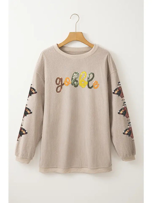 LA Society Fall Turkey Gobble Sequin Patched Sweatshirt