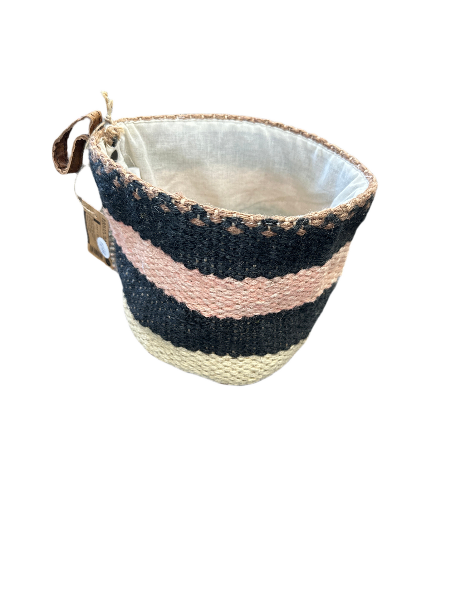 Medium Black Pink Woven Jute Basket Organizer