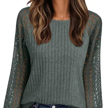 Women's Lace Sleeve Ribbed Knit Crew Neck Sweater Top- Olive
