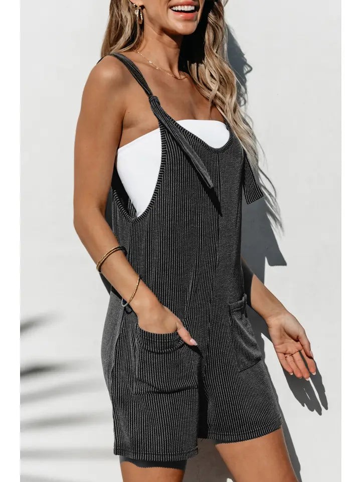 Striped Print Knotted Straps Pocketed Romper