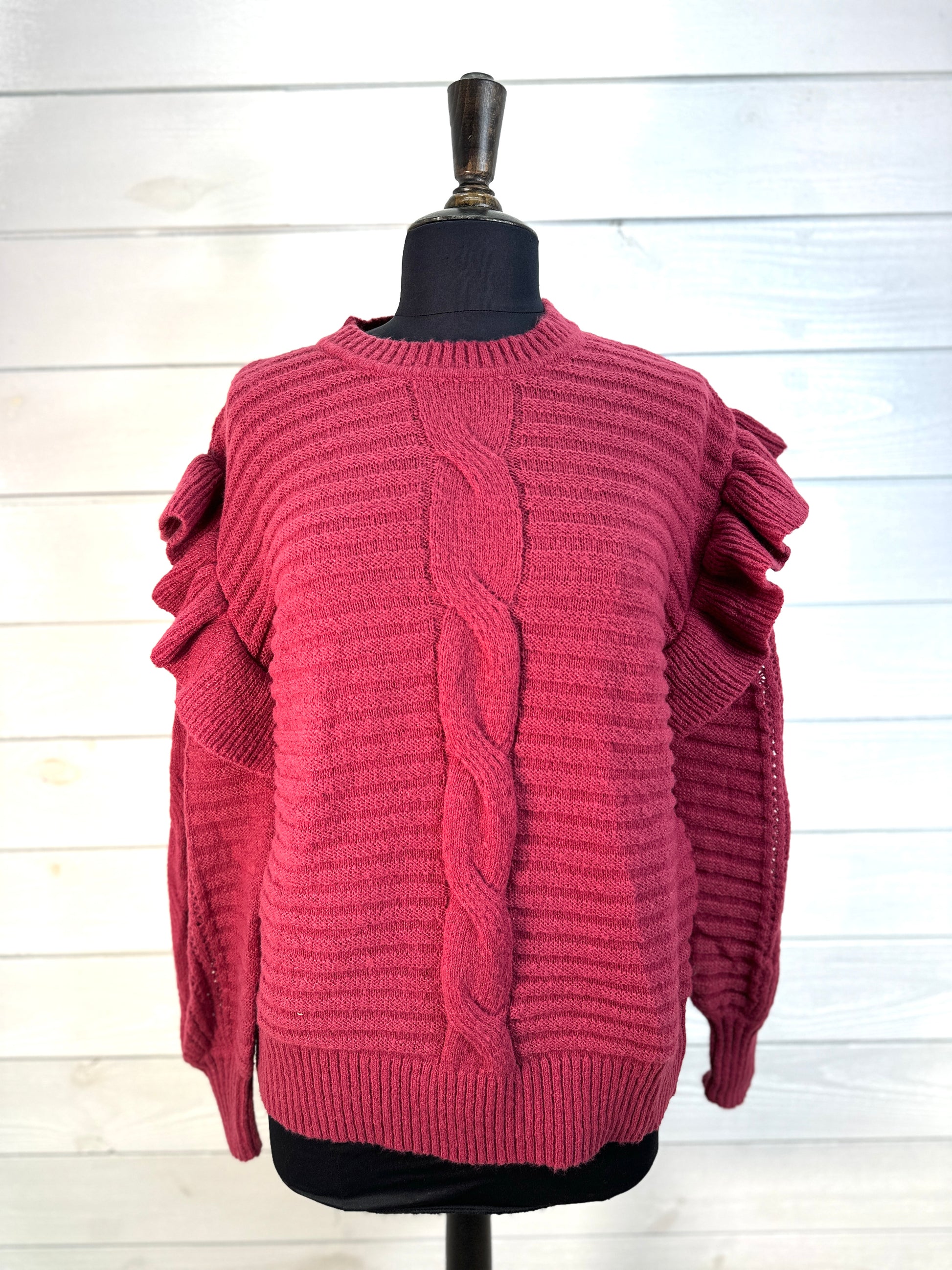 Mud Pie Willow Ruffle Sweater- Raspberry