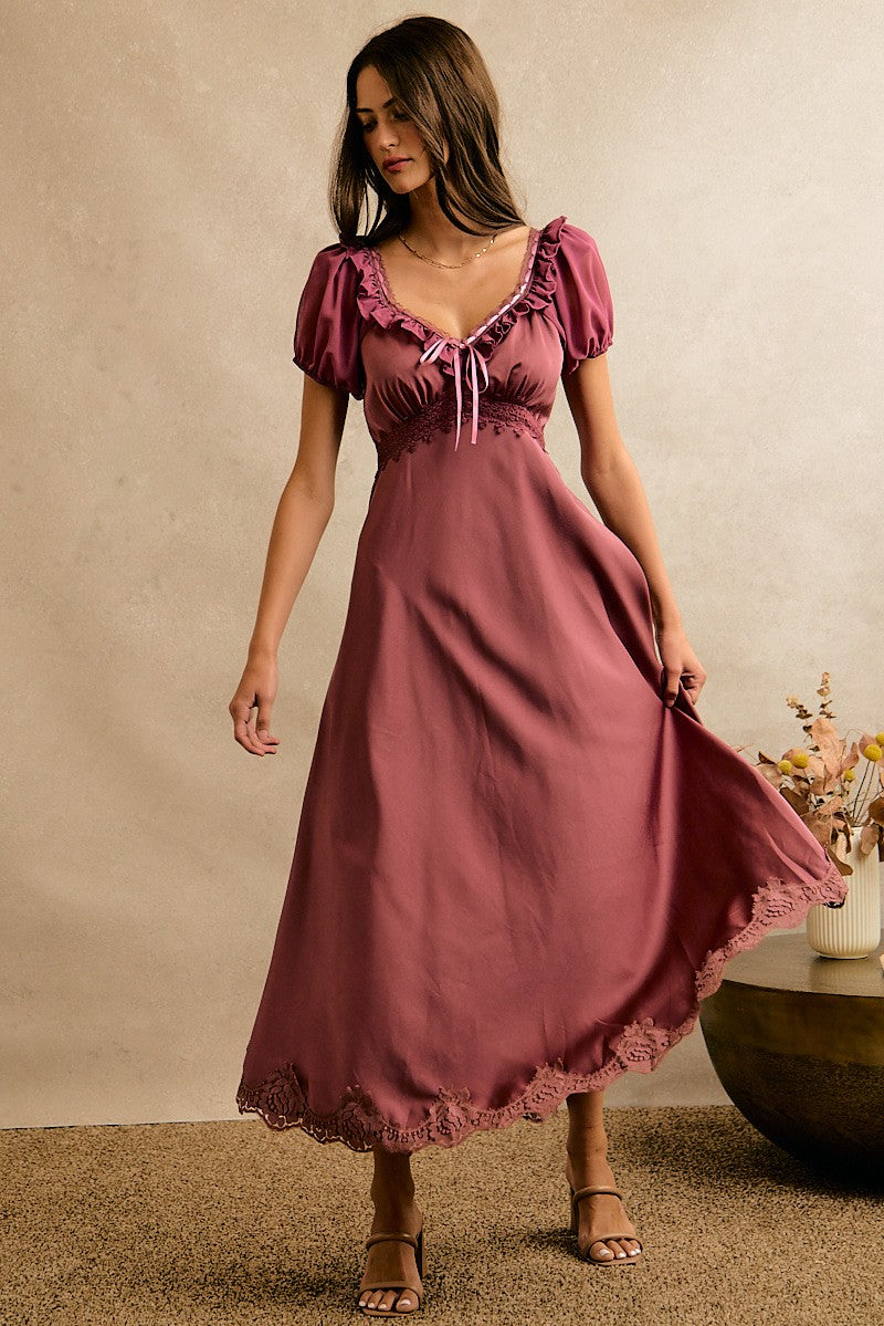 V Neck Ruffle Slip Satin Maxi Dress