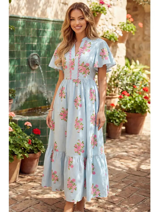 V Neck Flutter Short Sleeve Floral Maxi Dress